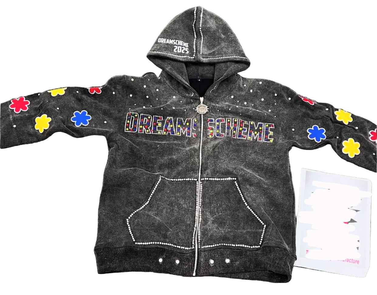 Black Acid Washed Clover Rhinestone Zip-Up Hoodie