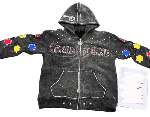 Black Acid Washed Clover Rhinestone Zip-Up Hoodie