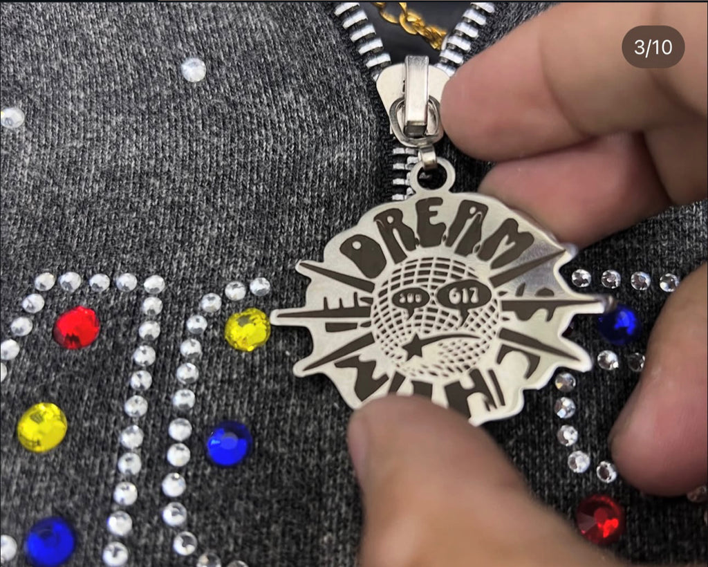 Black Acid Washed Clover Rhinestone Zip-Up Hoodie