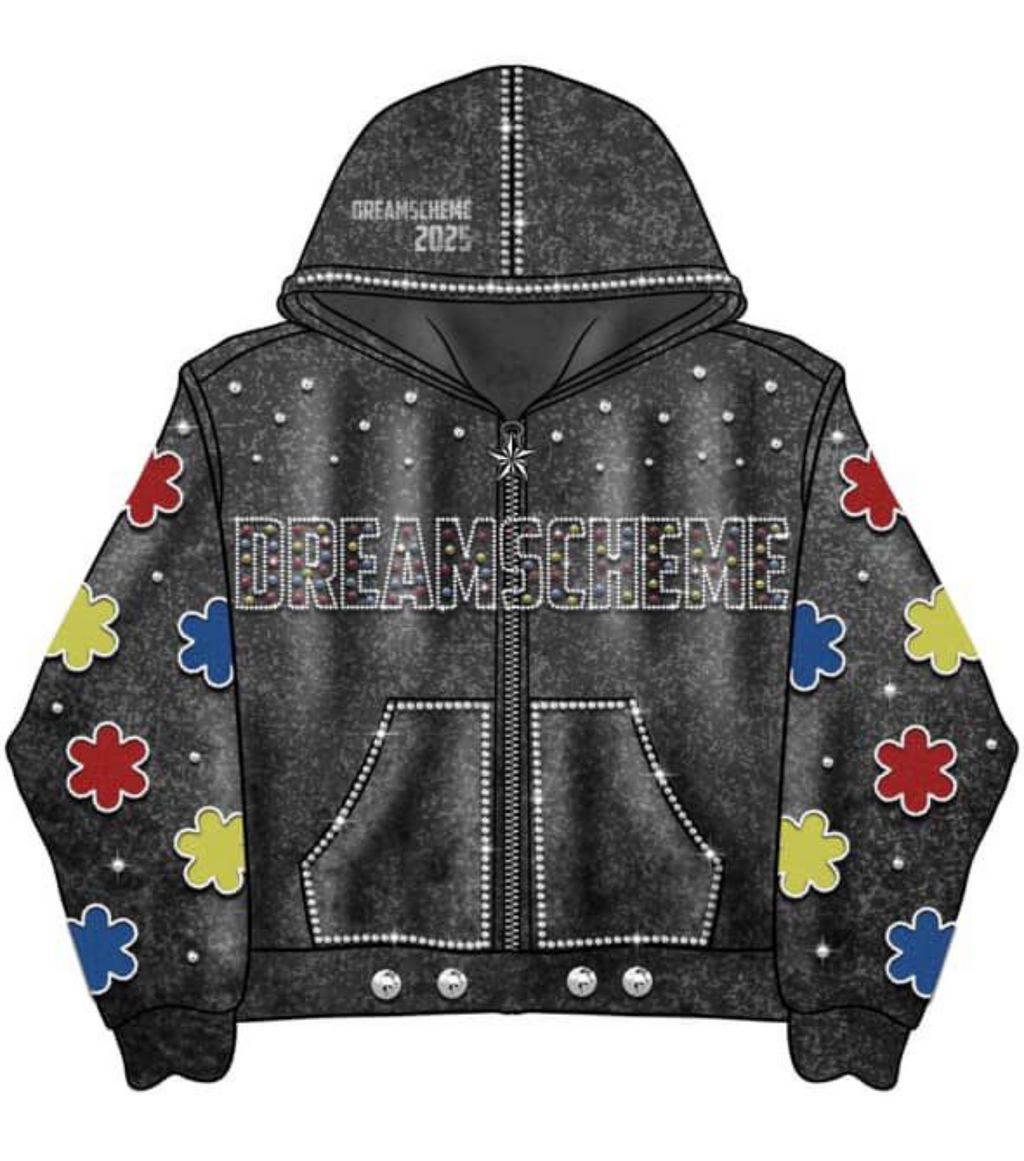 Black Acid Washed Clover Rhinestone Zip-Up Hoodie