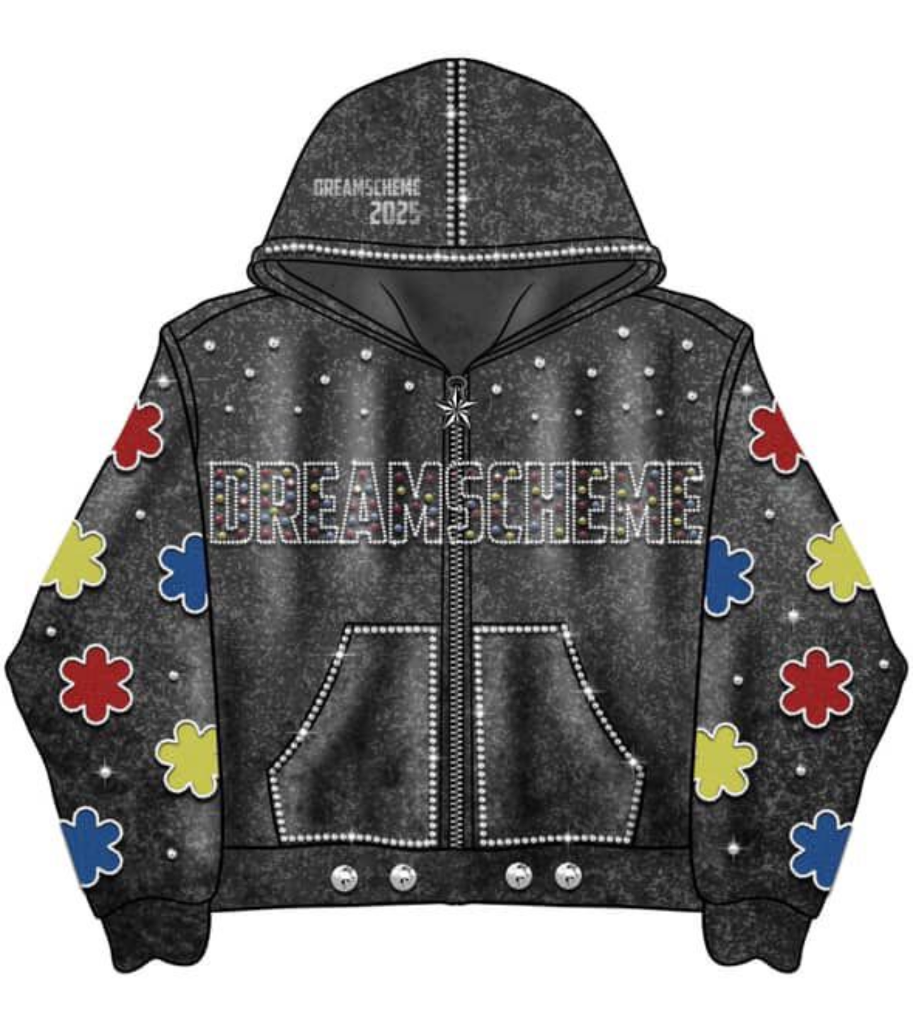 Black Acid Washed Clover Rhinestone Zip-Up Hoodie