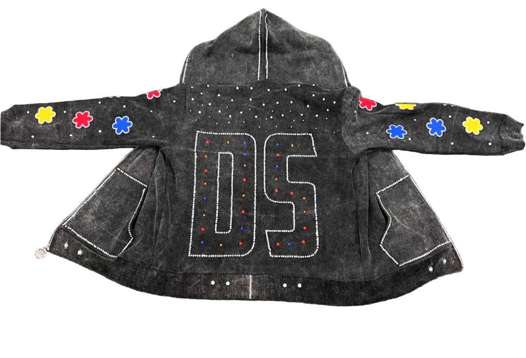 Black Acid Washed Clover Rhinestone Zip-Up Hoodie